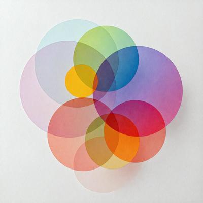 The primary subject of the image is a colorful circle with a yellow, orange, and pink center. The circle is surrounded by three other circles, each with a different color. The setting is a white background, and the visual style appears to be a combination of digital art and illustration. The colors and mood of the image are vibrant and lively, with the bright colors of the circles creating a cheerful atmosphere.